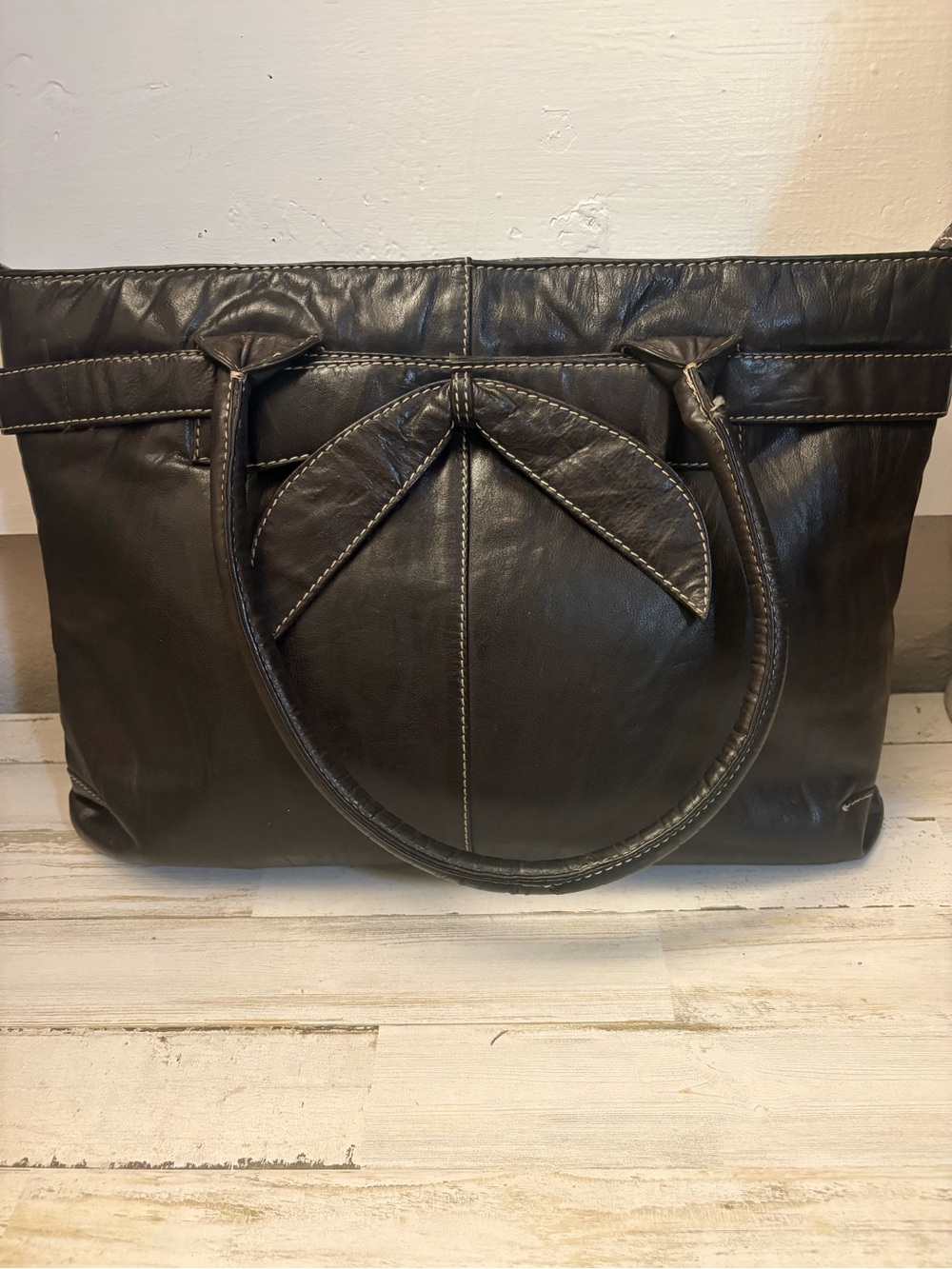 Vintage RAFAEL Brown leather Bow Tote Sholder Bag Contrast Stitch Y2K Boho